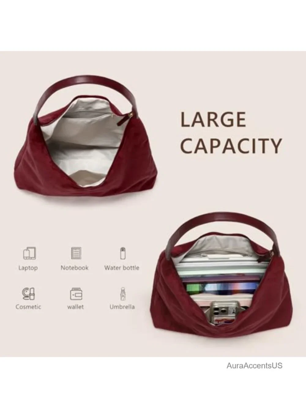 Large Suede Hobo Tote Bag with Zipper Closure for Work Travel
